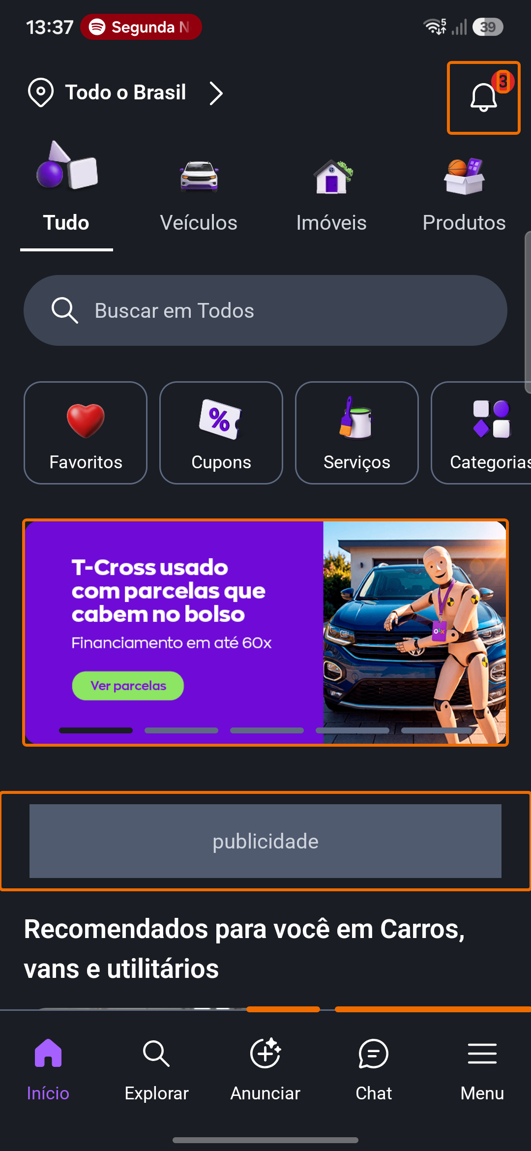 Tela inicial da OLX com publicidade, recomendações e notificações destacadas pelo Scanner.
