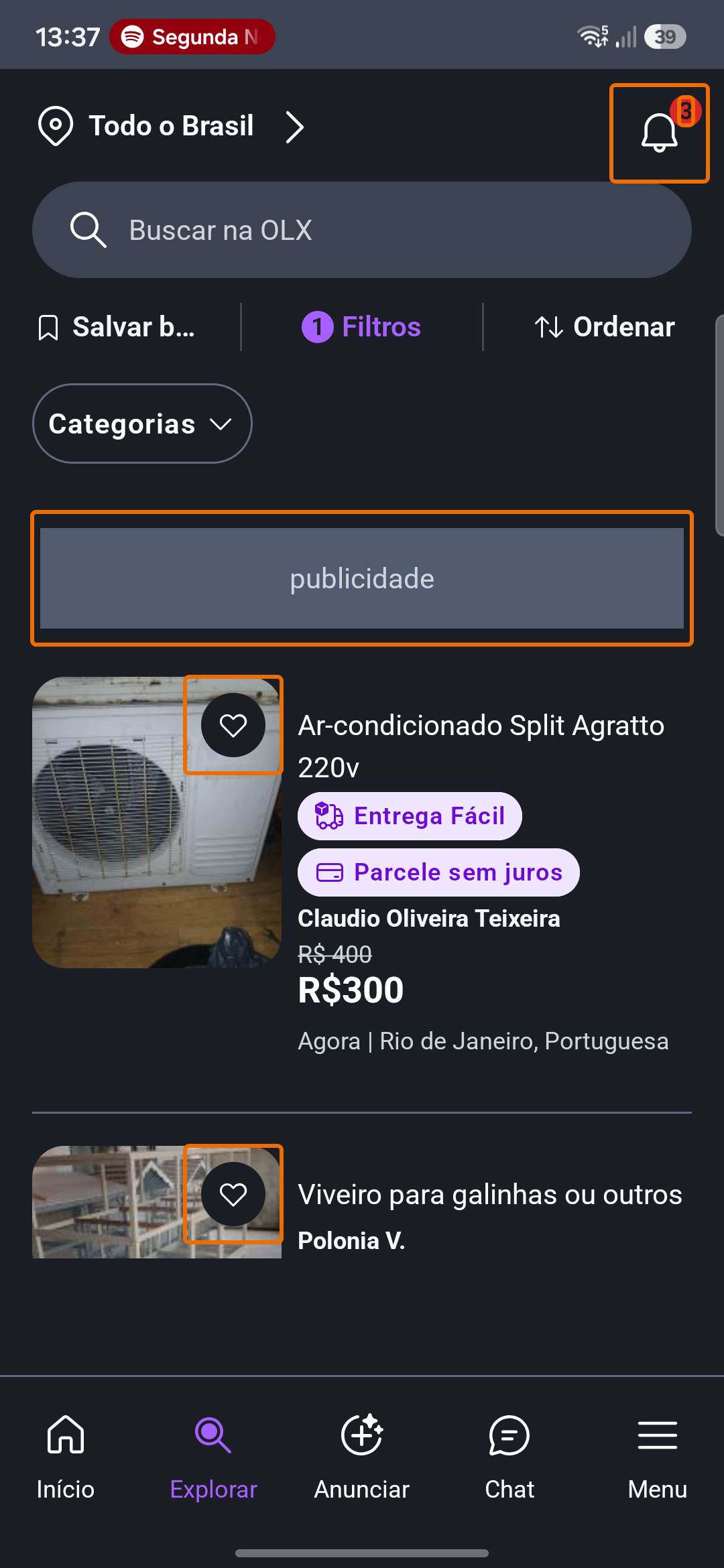 Listagem da OLX com o badge de notificações e ações de cards destacados pelo Scanner.