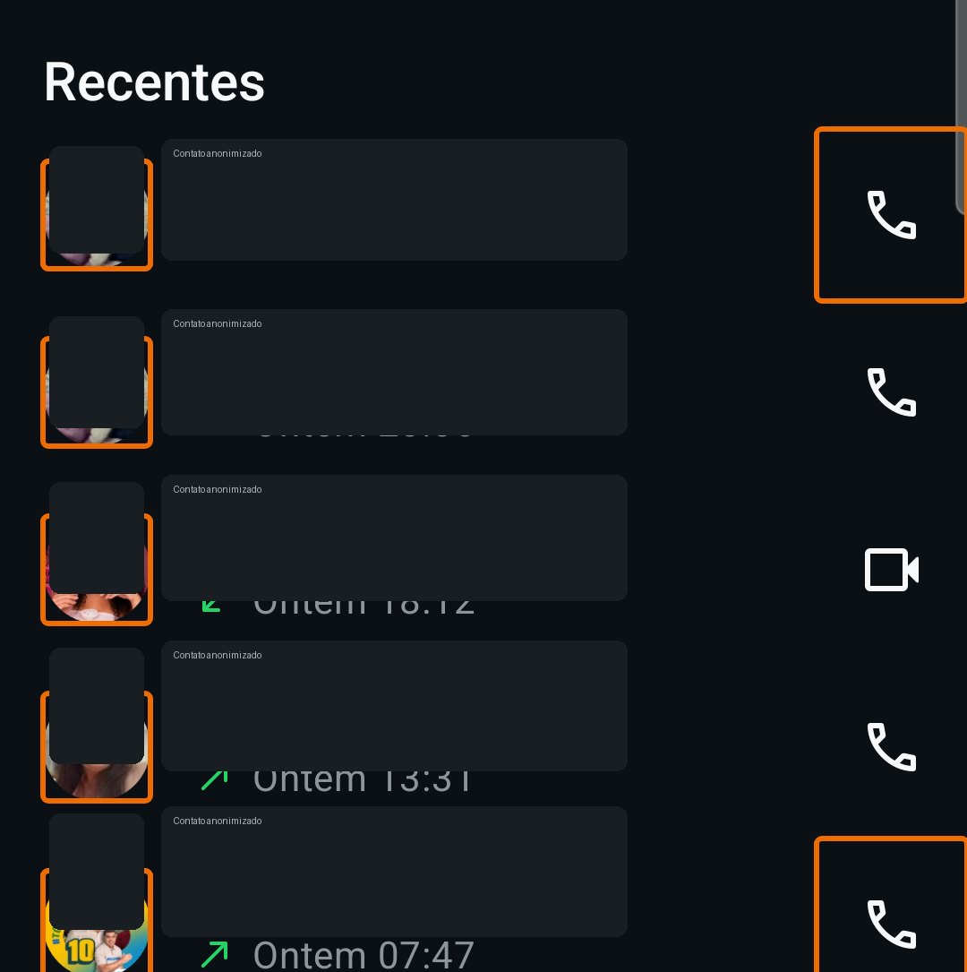 Tela de Ligações anonimizada com fotos de contatos destacadas pelo Scanner.