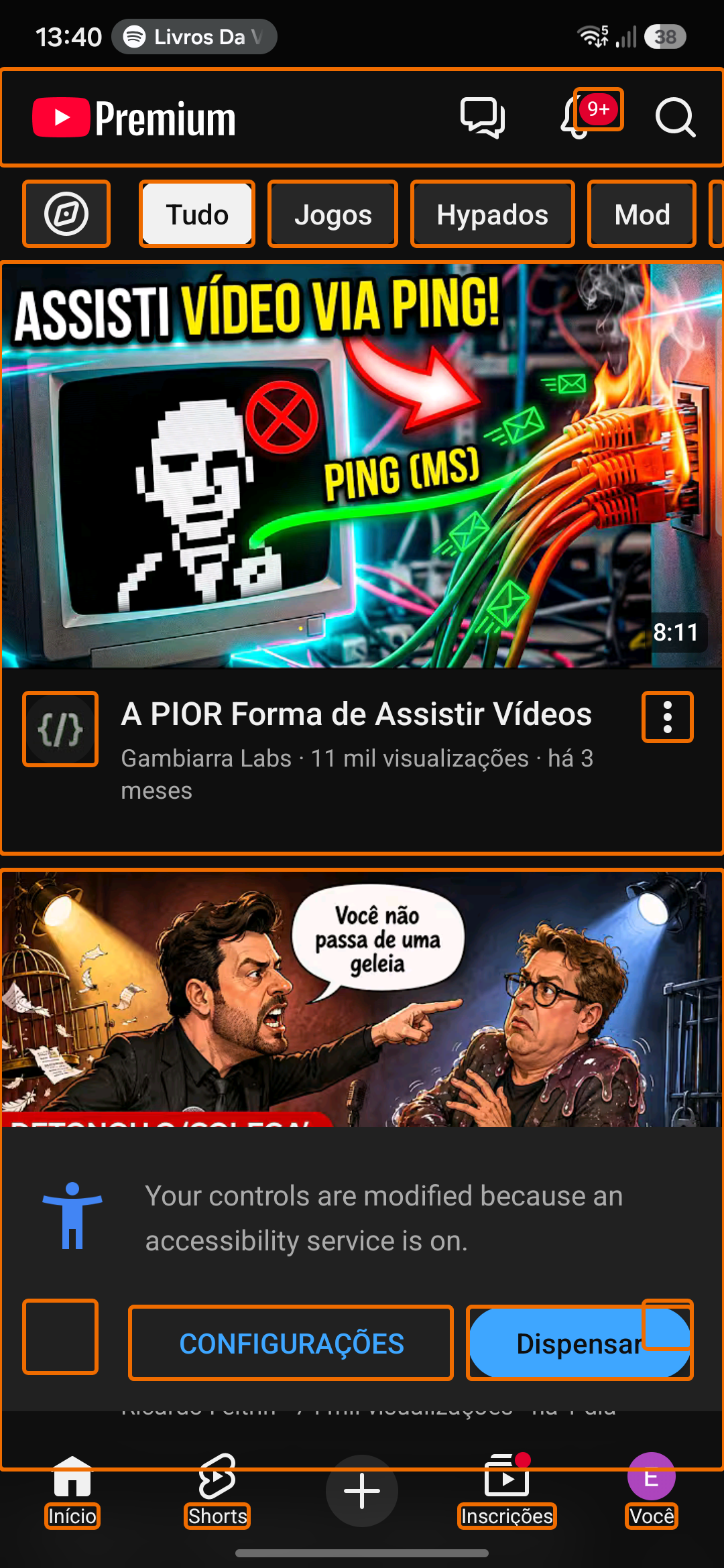 Feed inicial do YouTube com chips, cards e controles destacados pelo Scanner.