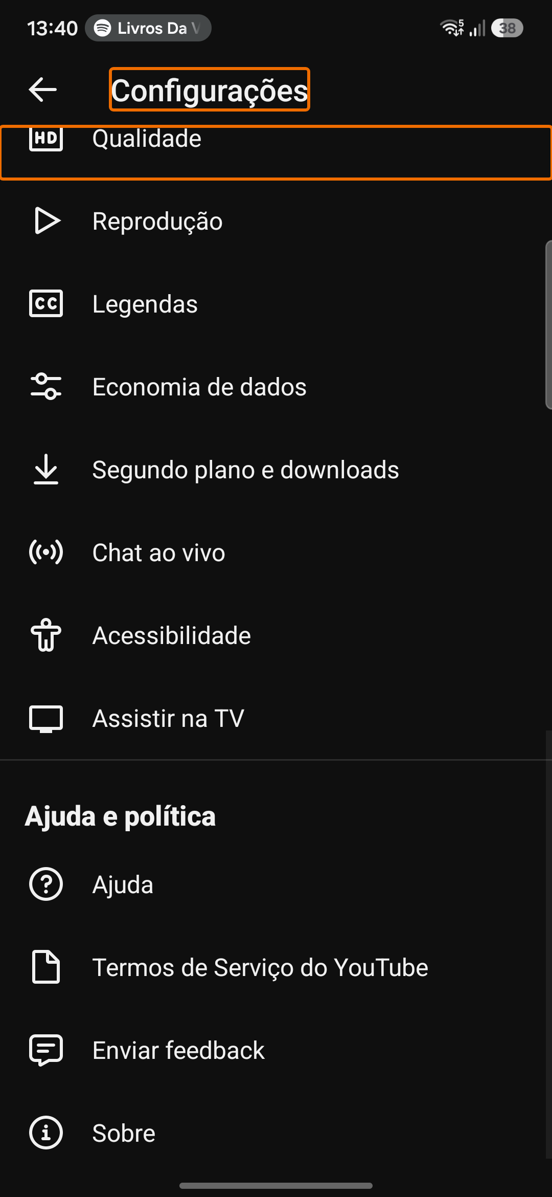 Configurações do YouTube com o título e o primeiro item destacados pelo Scanner.